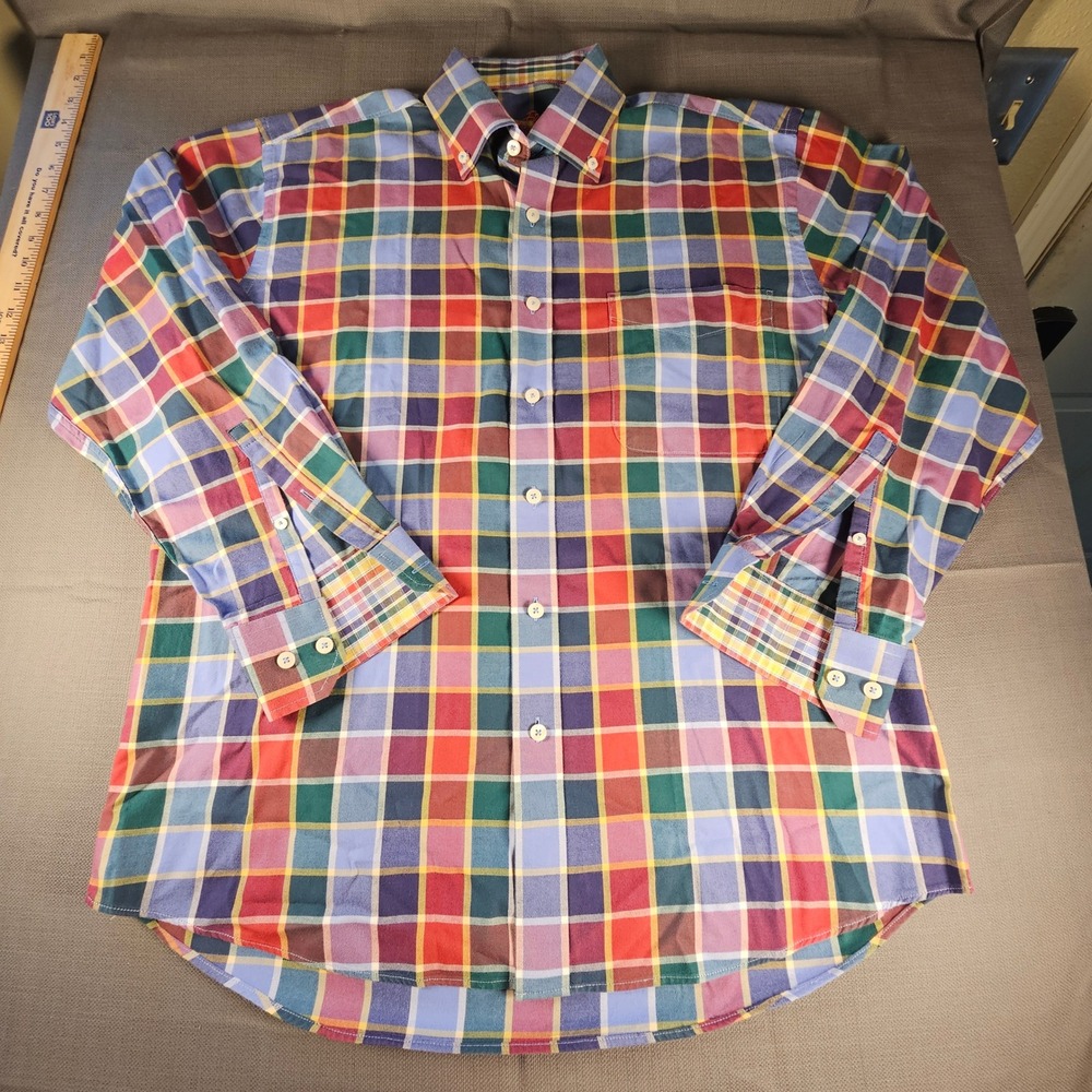 Alan Flusser Mens Multi Color Plaid Button Down Shirt M Cotton Long‎ Sleeve